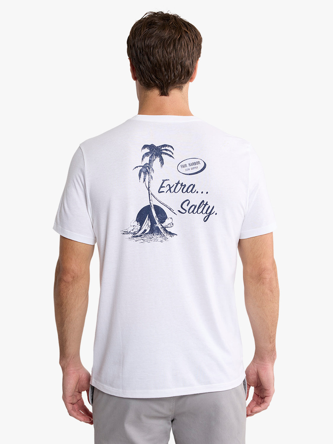 White short-sleeve tee with navy palm tree graphic and 