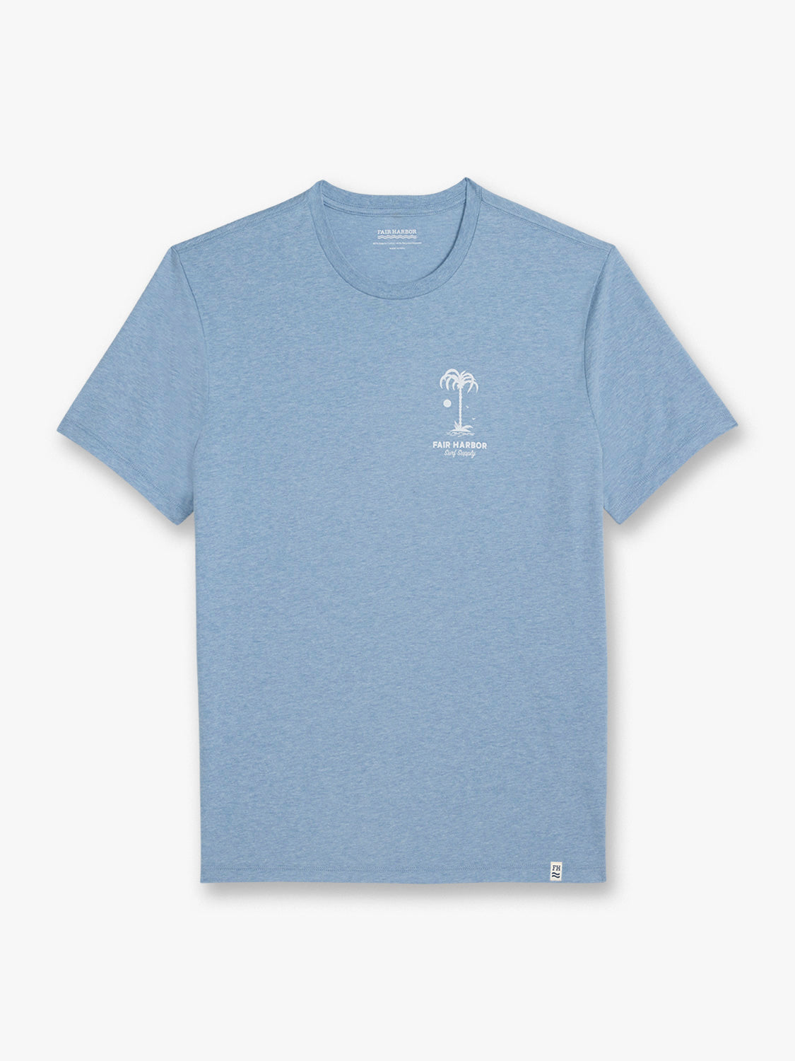 Light blue short-sleeve t-shirt with small white palm tree and text graphic on chest.