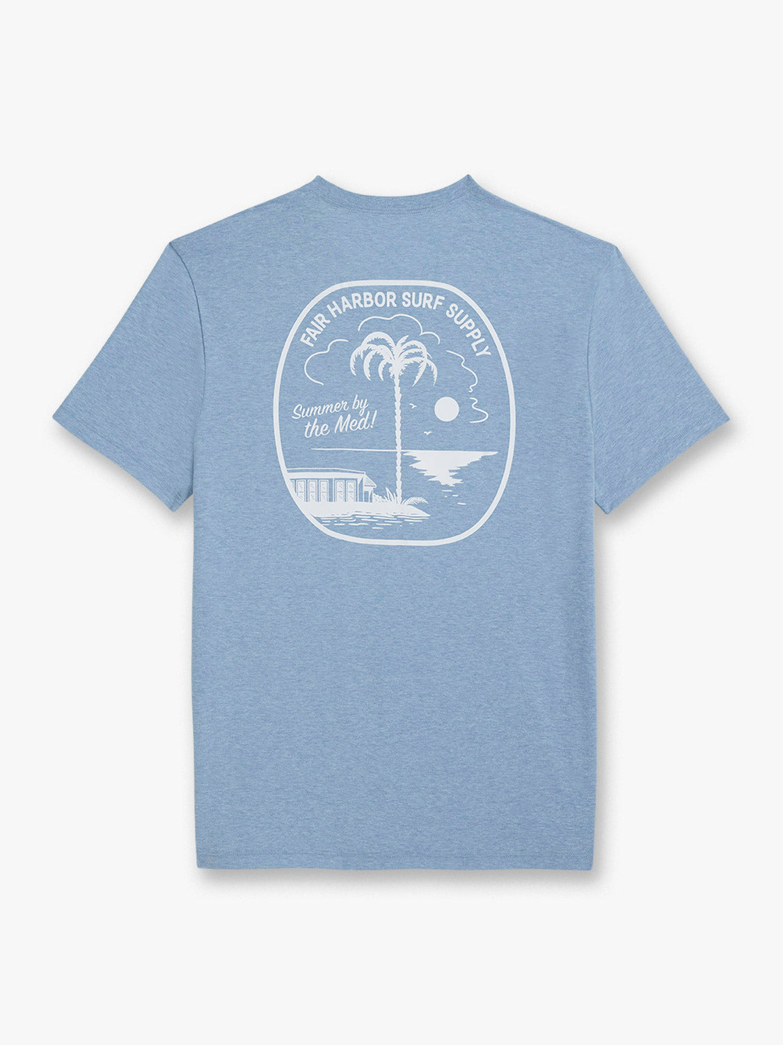 Blue t-shirt with white graphic print featuring palm tree, moon, and 