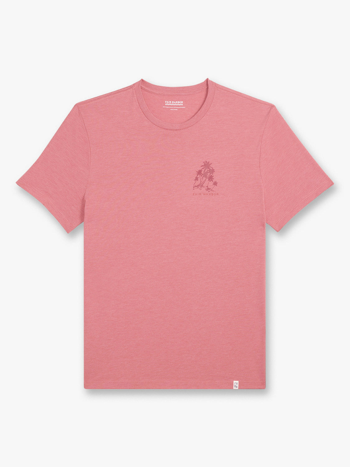 Pink short-sleeve graphic tee with small palm tree design on chest.