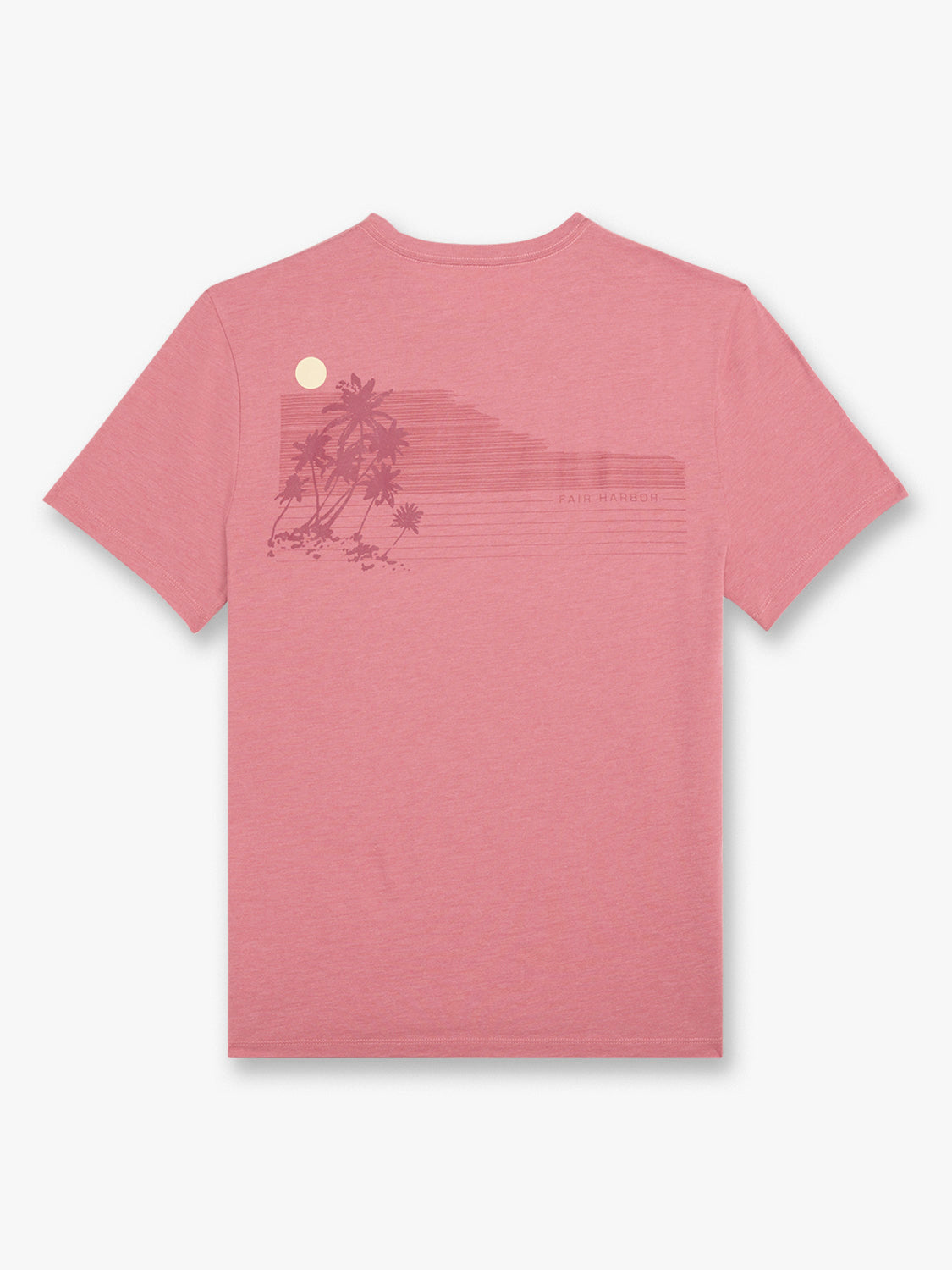Pink graphic tee with palm tree and moon design printed on the back.