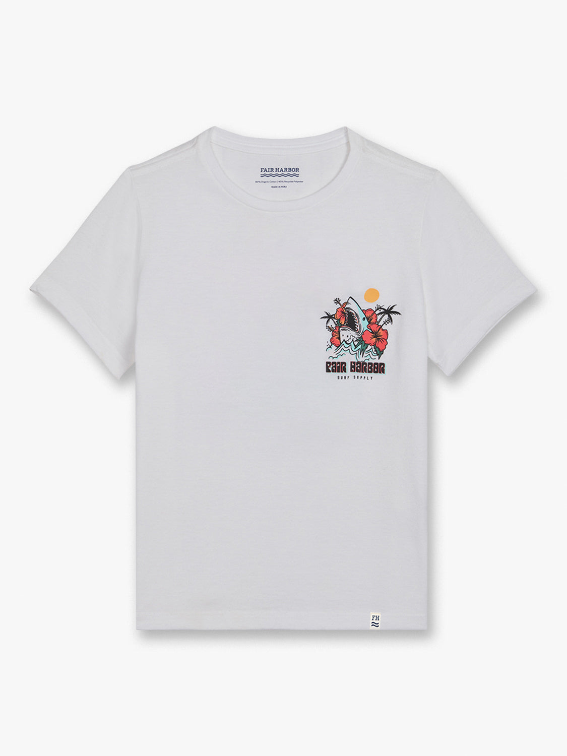 White short-sleeve tee with a graphic featuring a shark, palm trees, sun, and Fair Harbor text on chest.