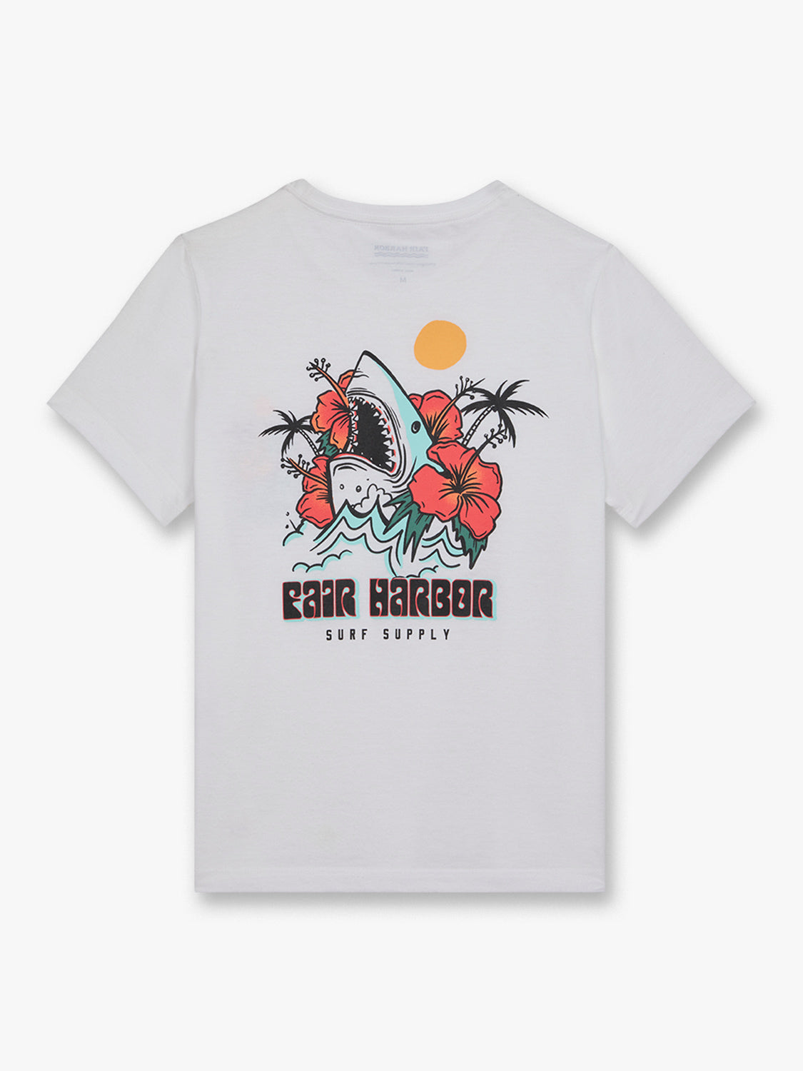 White kids t-shirt with a colorful graphic featuring a shark surrounded by red flowers, palm trees, and a yellow sun.