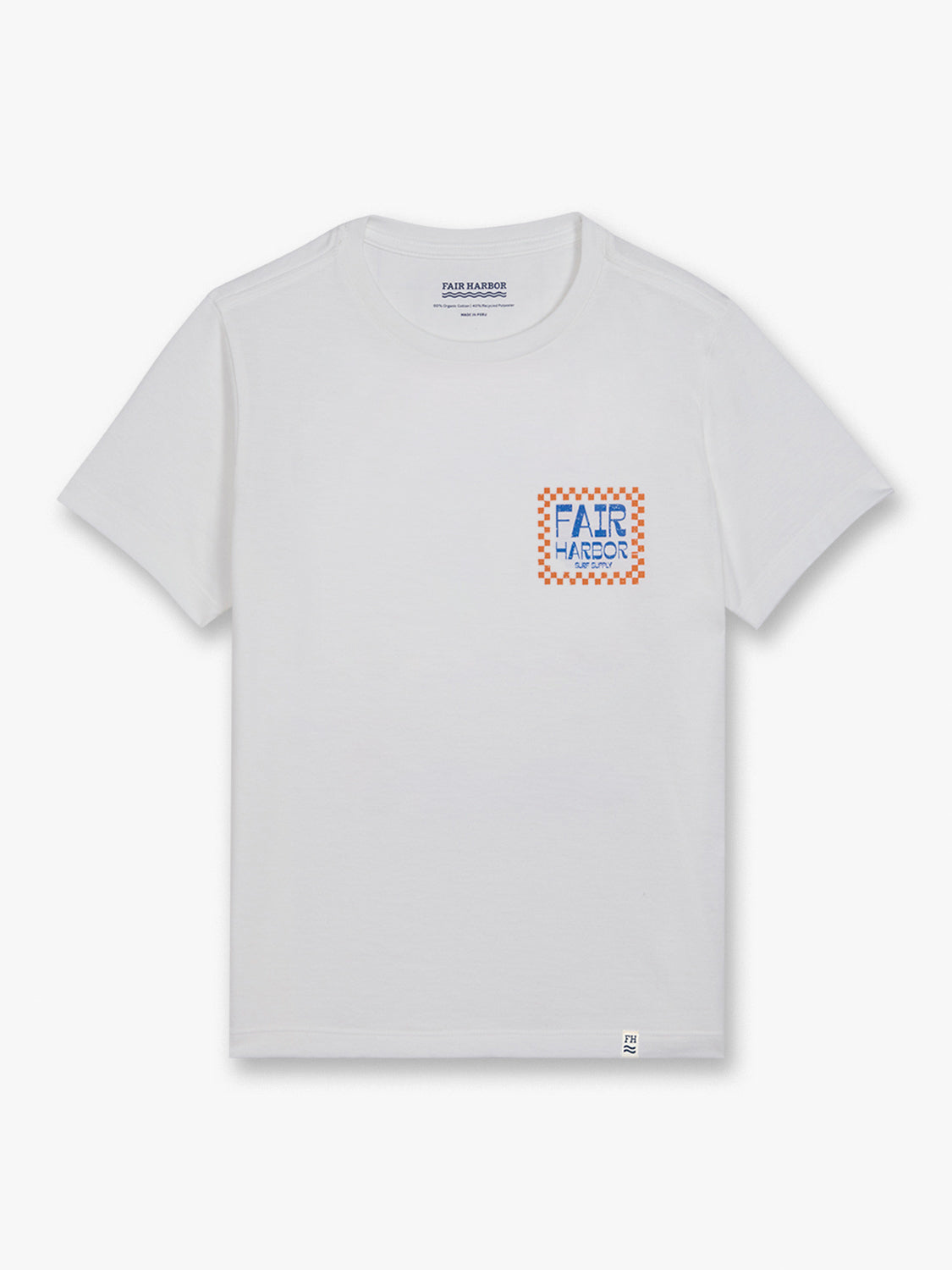 White short-sleeved graphic tee with orange checkered Fair Harbor logo on chest.