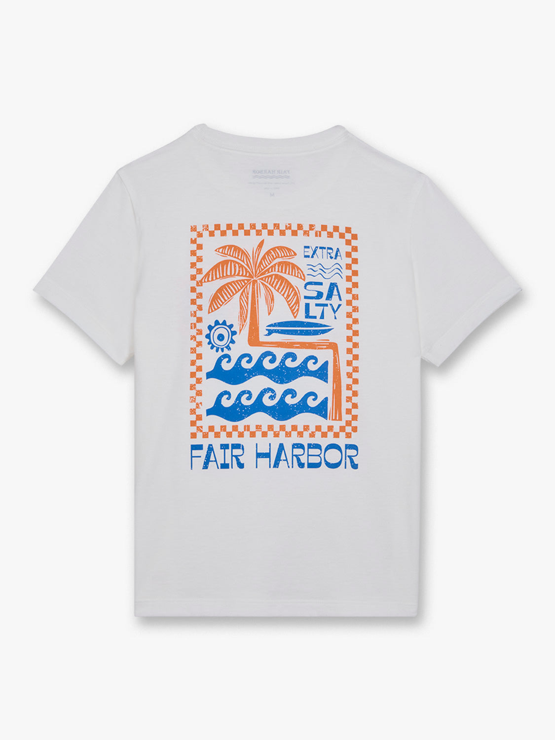 White kids t-shirt with orange checkered border and blue graphic featuring palm tree, waves, and Fair Harbor text.