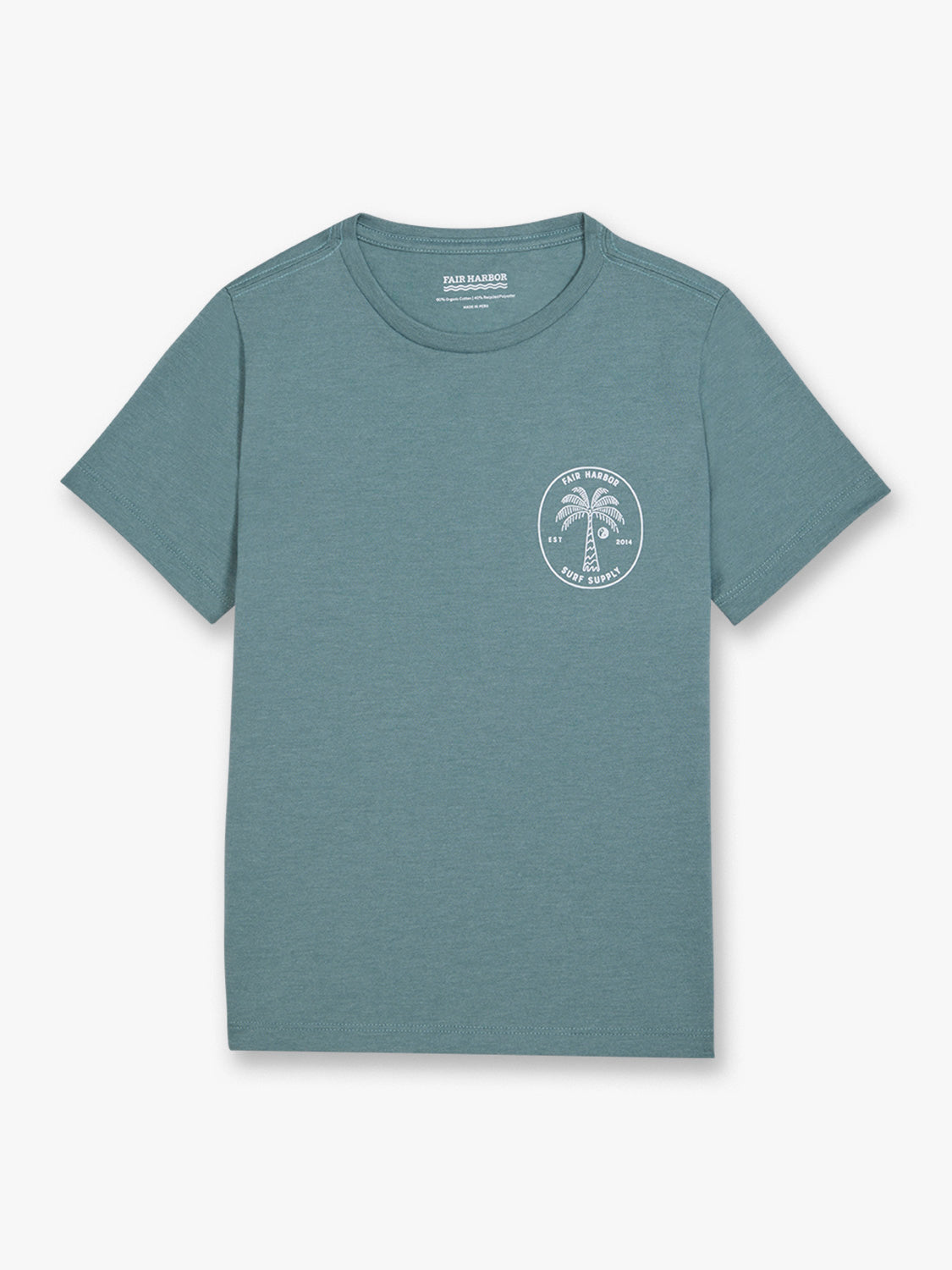 Dusty teal short-sleeve t-shirt with a small circular palm tree graphic on the chest.