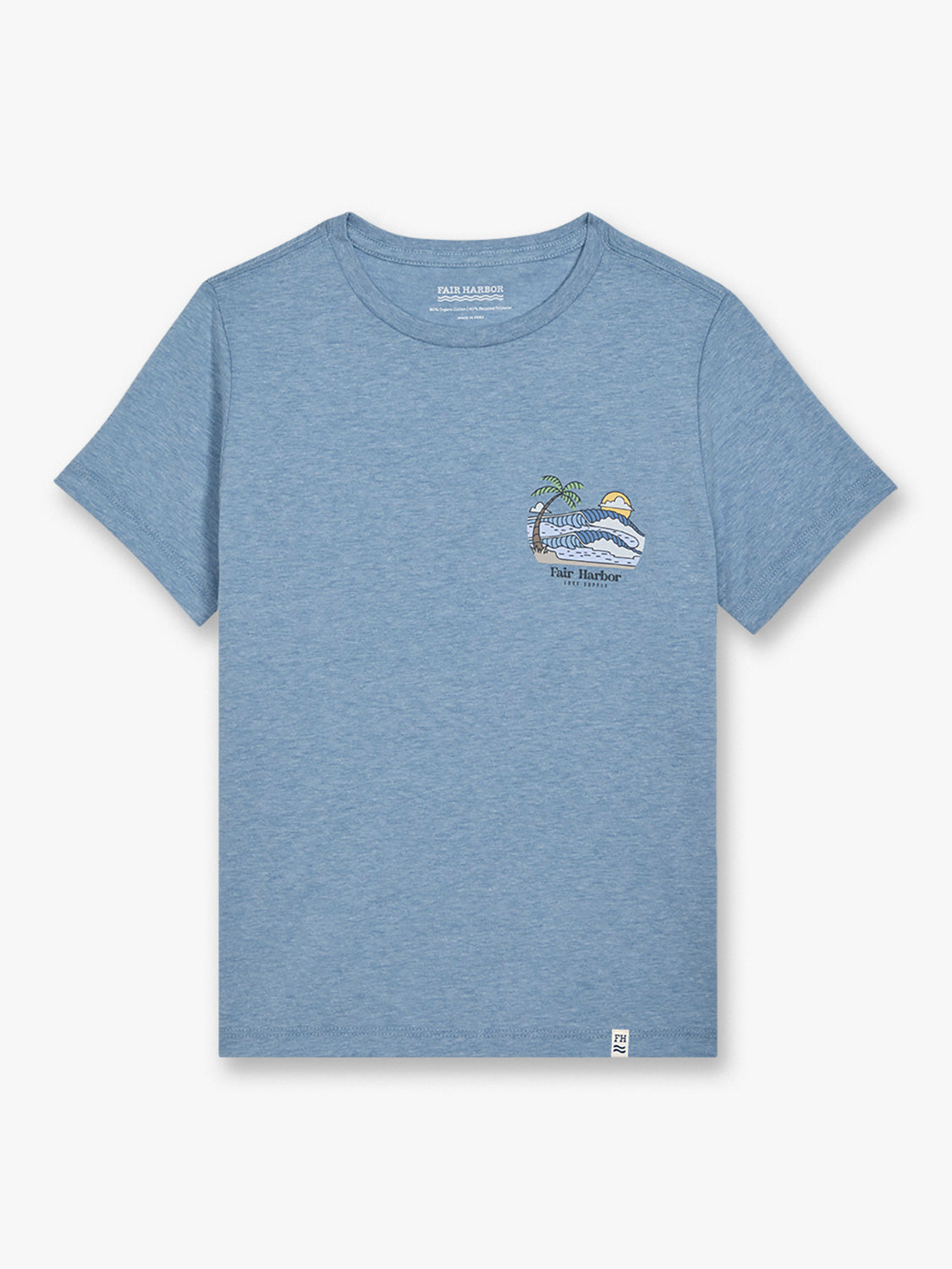 Blue kids graphic tee featuring a wave and sun design on the chest.