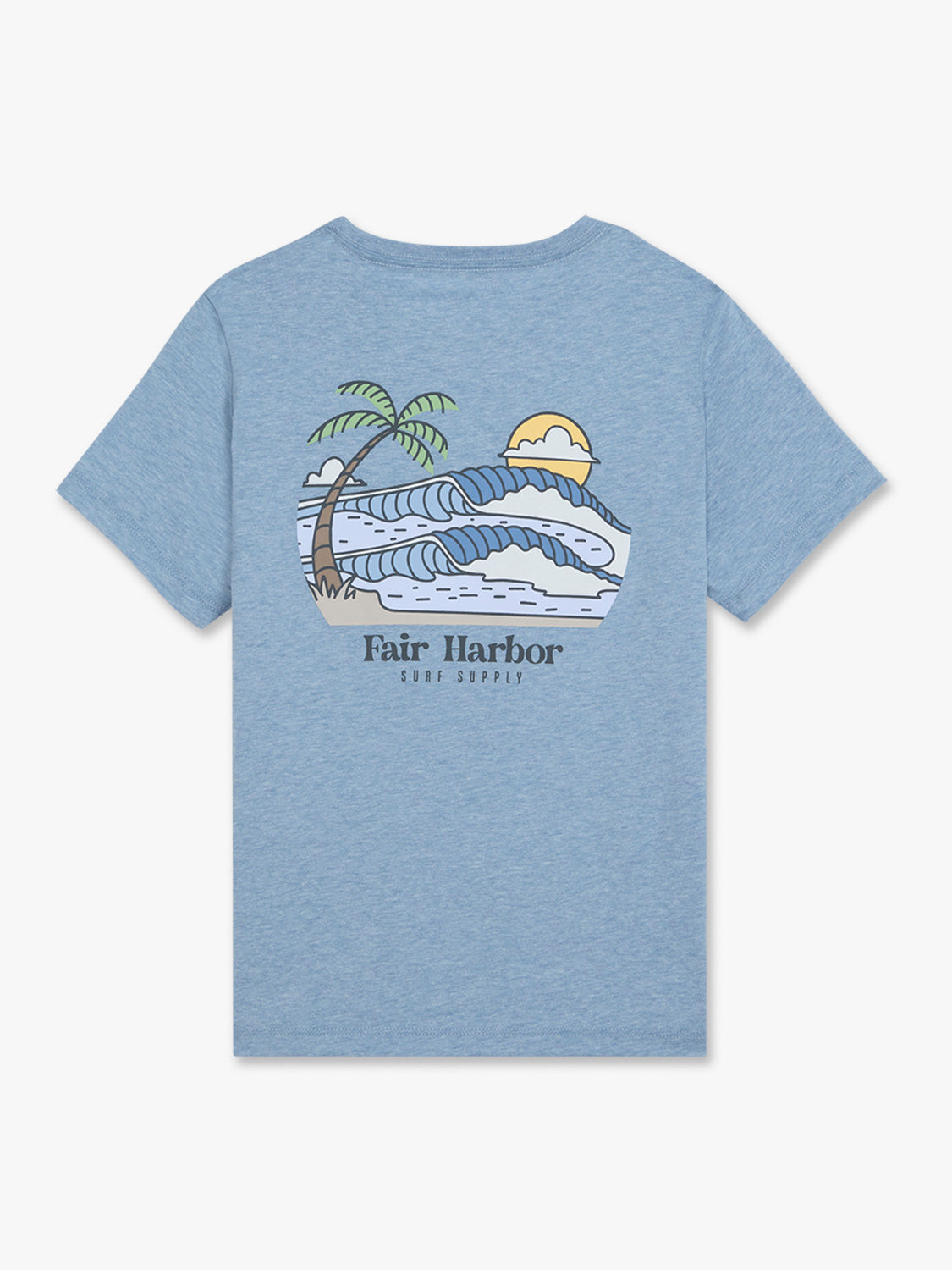Light blue children's tee with Fair Harbor Surf Supply graphic featuring palm tree, waves, and sun.
