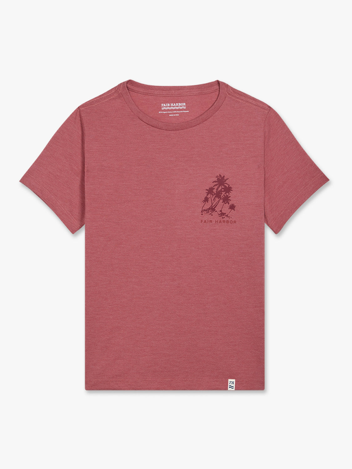 Mauve-pink short-sleeved t-shirt with small palm tree graphic on chest and Fair Harbor text below.