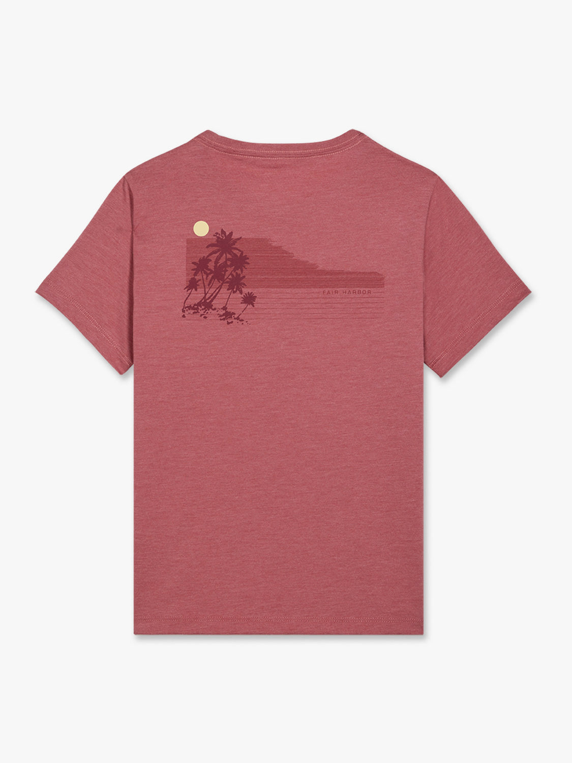 Mauve-red short-sleeve t-shirt with palm trees and sun graphic printed on back.