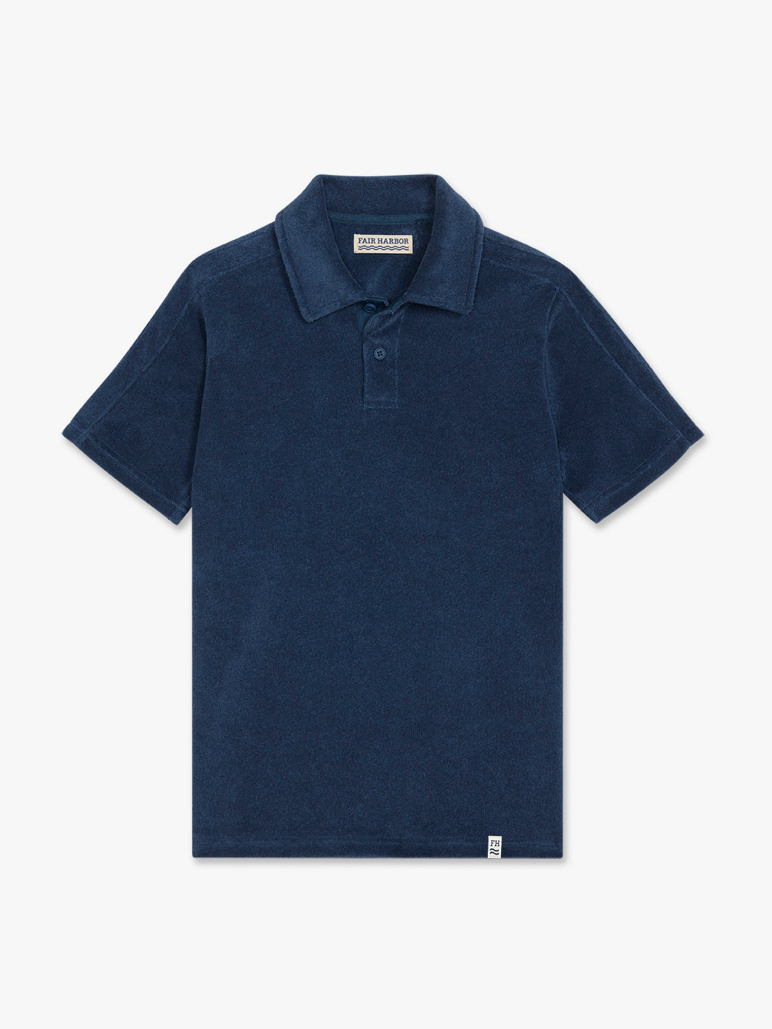 Navy blue children's polo shirt with short sleeves, collar, and button front closure.