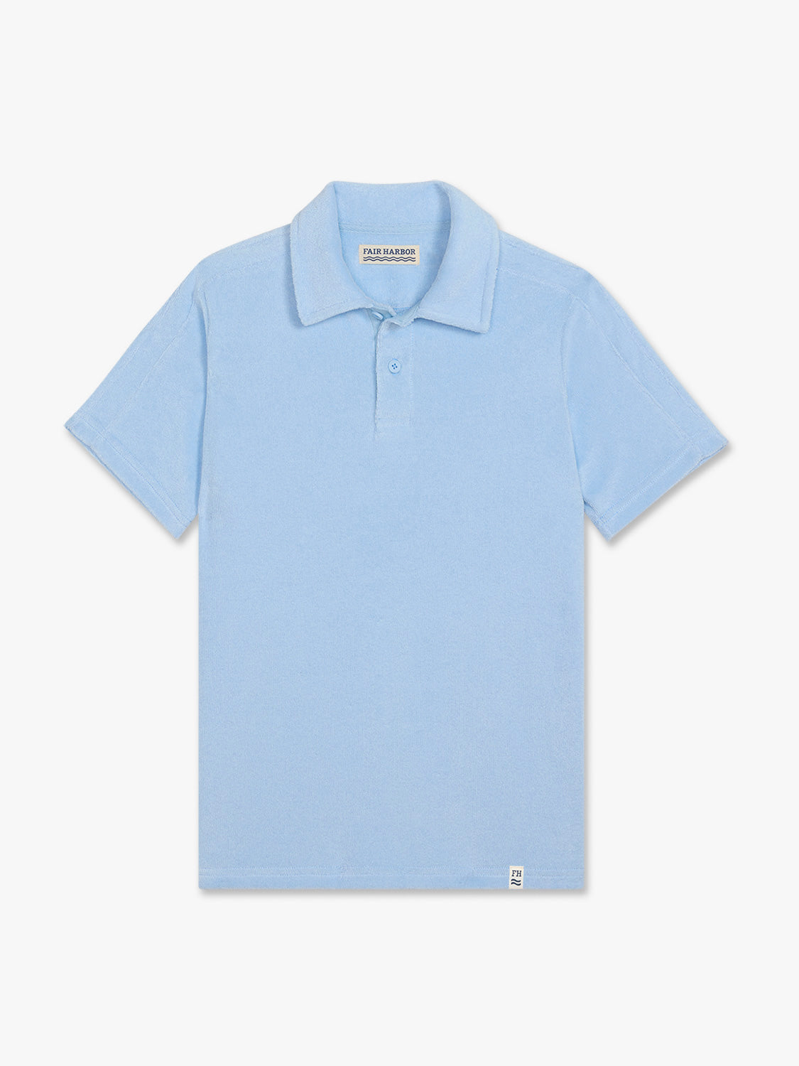 Light blue short-sleeved polo shirt with collar and button placket for children.