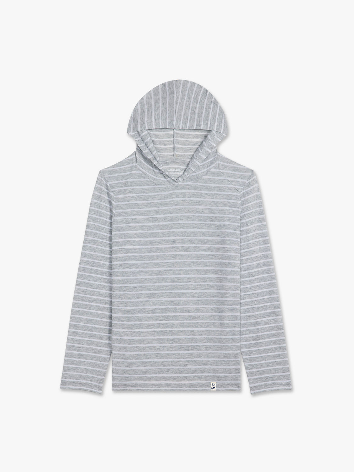 Heather grey striped kids hoodie with horizontal stripes and long sleeves displayed against white background.