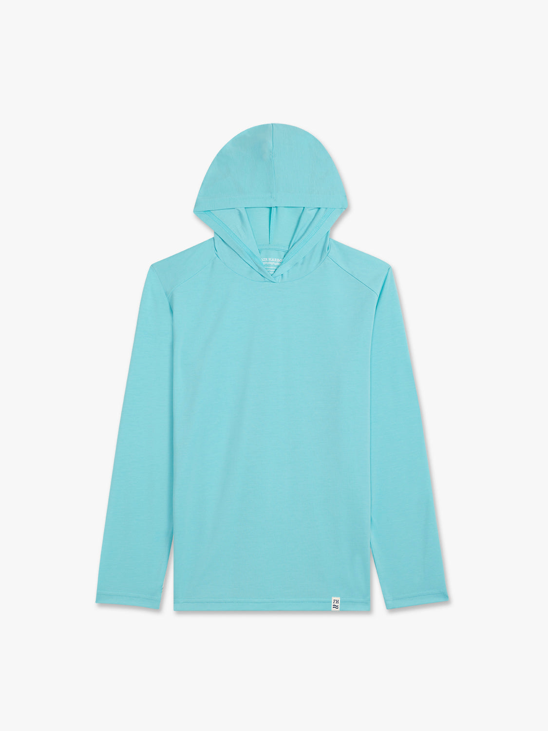 Child's aqua colored hoodie with long sleeves and a drawstring hood displayed on a neutral background.