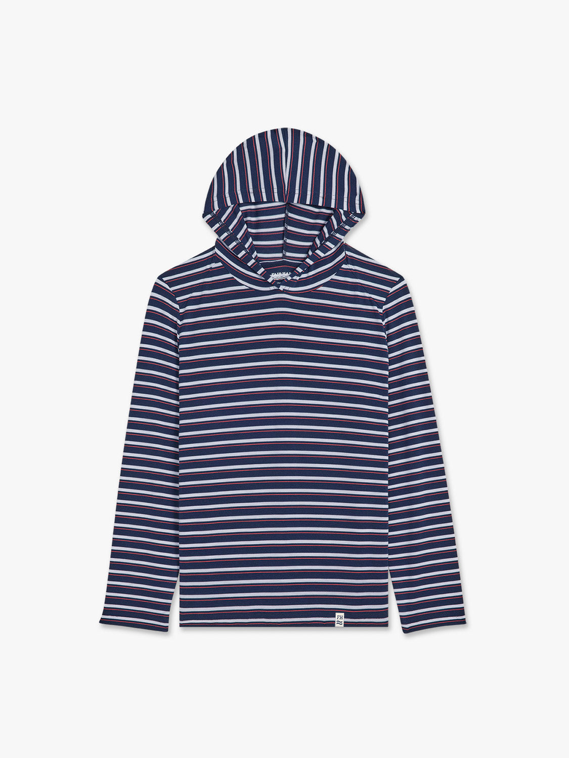 Child's hoodie in navy, white, and red horizontal stripes with long sleeves and drawstring hood.