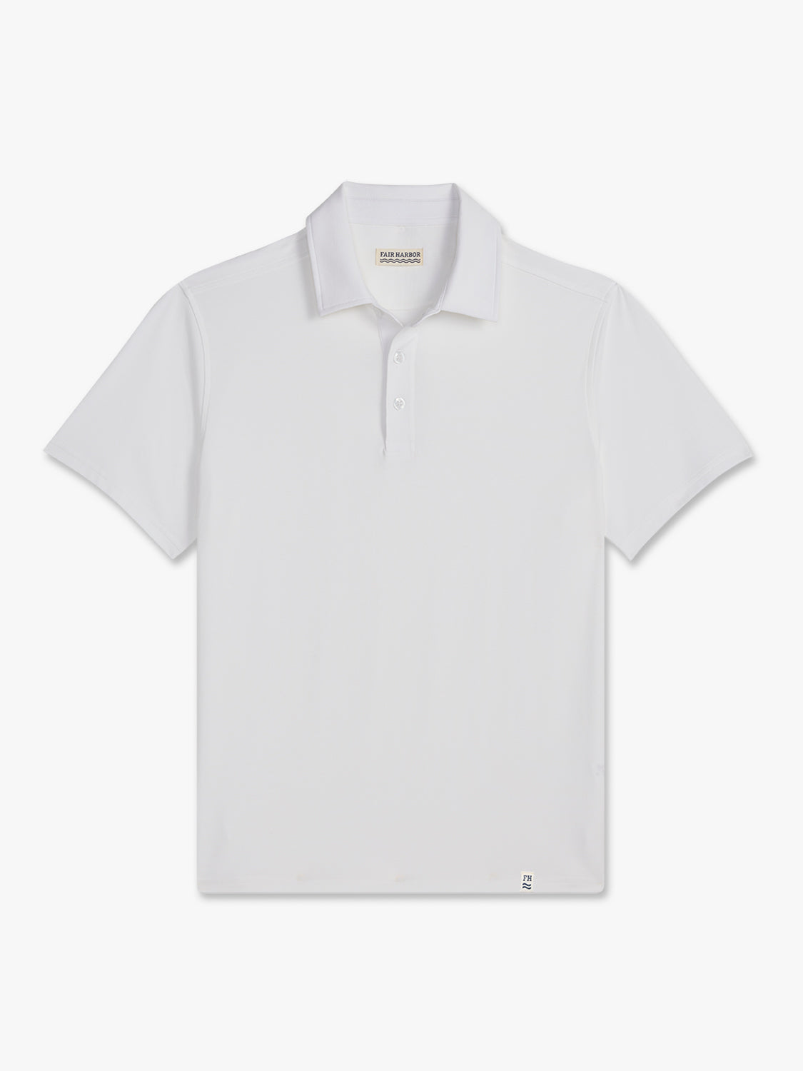 White short-sleeved polo shirt with collar and front button placket displayed against neutral background.
