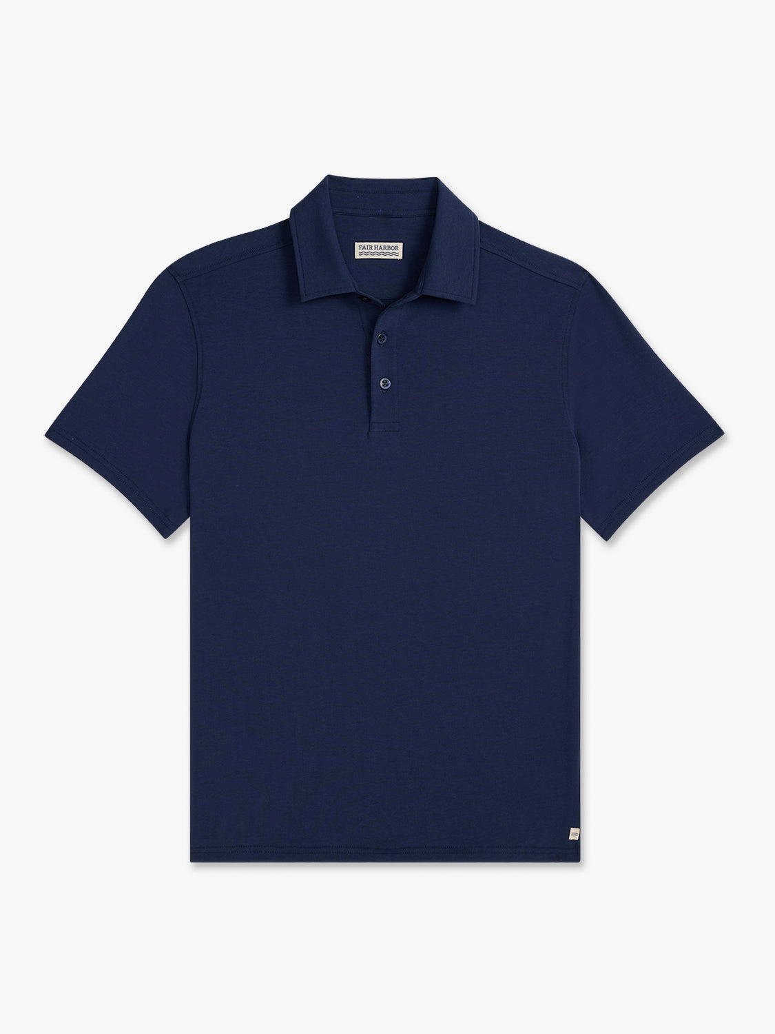Navy blue polo shirt with short sleeves and a collared neckline displayed against white background.
