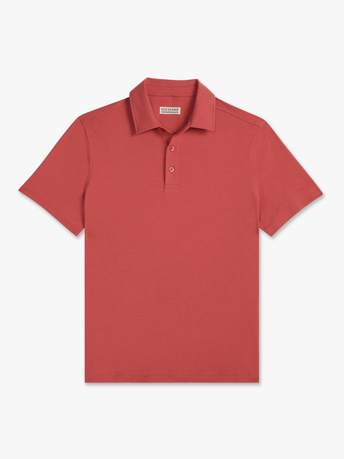 Red polo shirt with short sleeves, collar, and two-button front placket displayed flat.