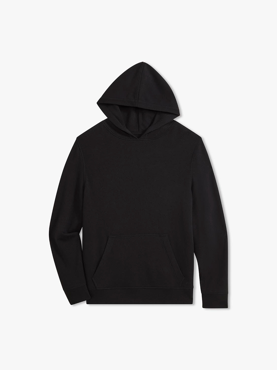 Black blanket hoodie with hood, long sleeves, front pouch pocket, displayed against white background.