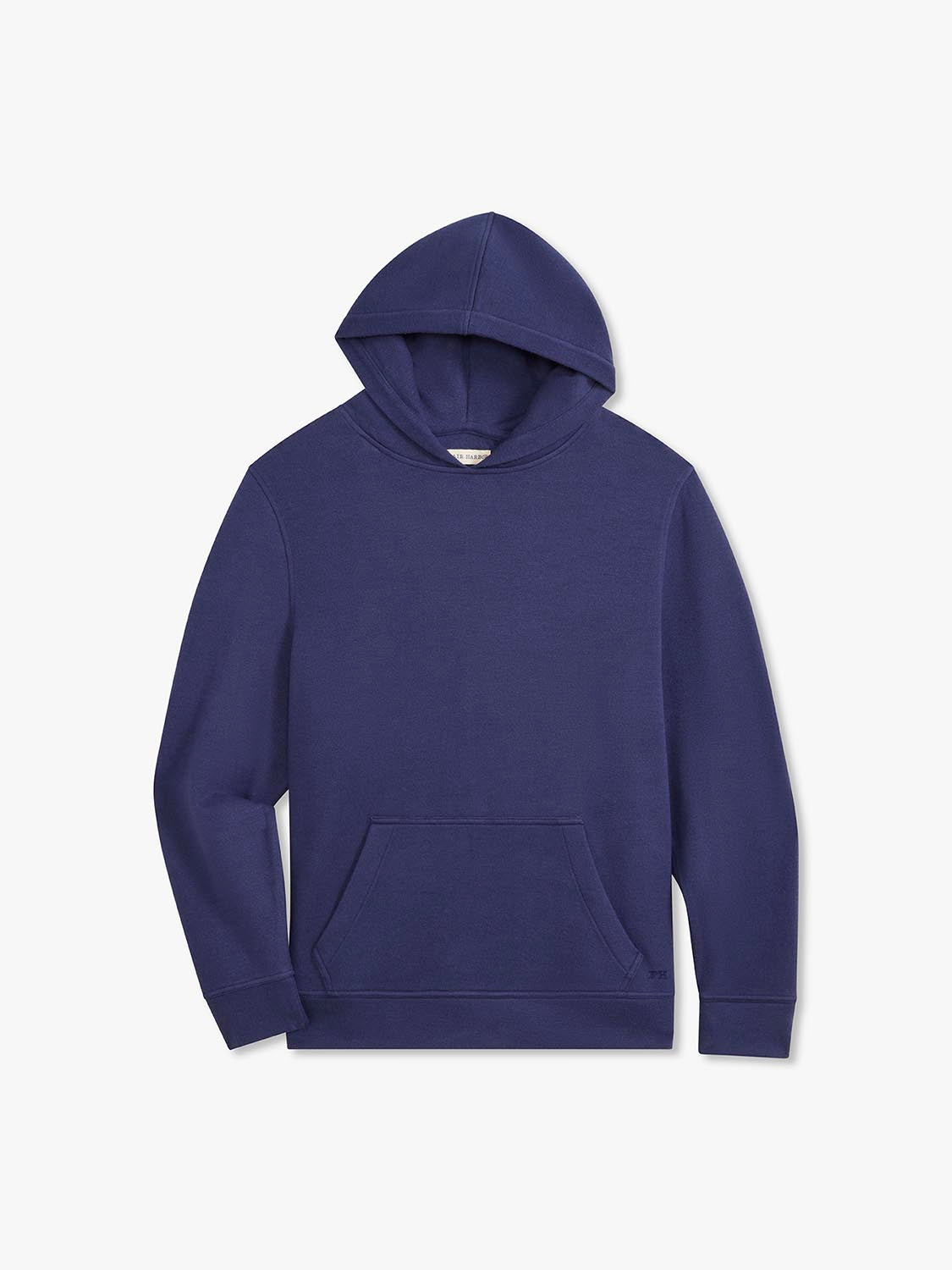 Navy blanket hoodie with drawstring hood, kangaroo pocket, and ribbed cuffs displayed on neutral background.