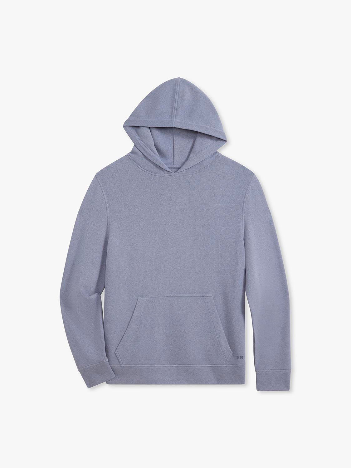 A blue-gray blanket hoodie with a kangaroo pocket and drawstring hood displayed against a white background.