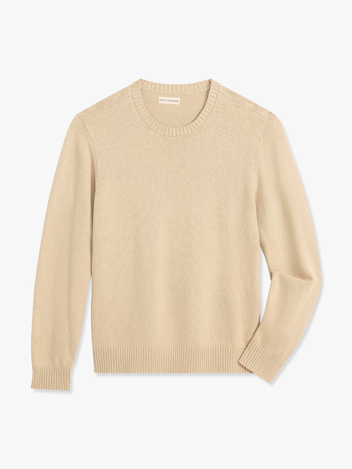 Beige crew neck sweater with long sleeves and ribbed knit cuffs displayed on a neutral background.