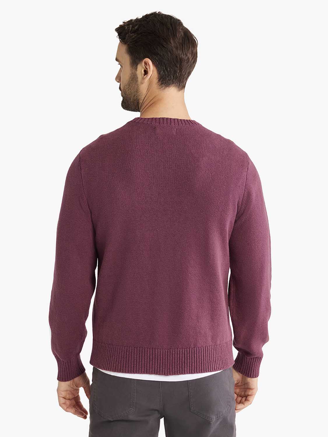 Man wearing a burgundy crew neck sweater with ribbed cuffs and hem, shown from the back.