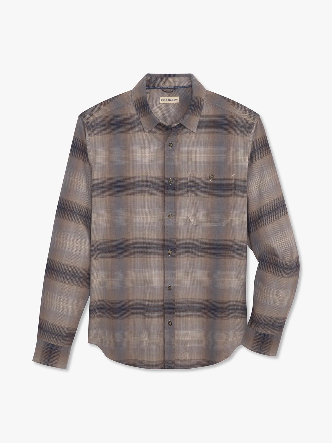 Men's flannel shirt with sand and brown ombre plaid pattern and button front closure.