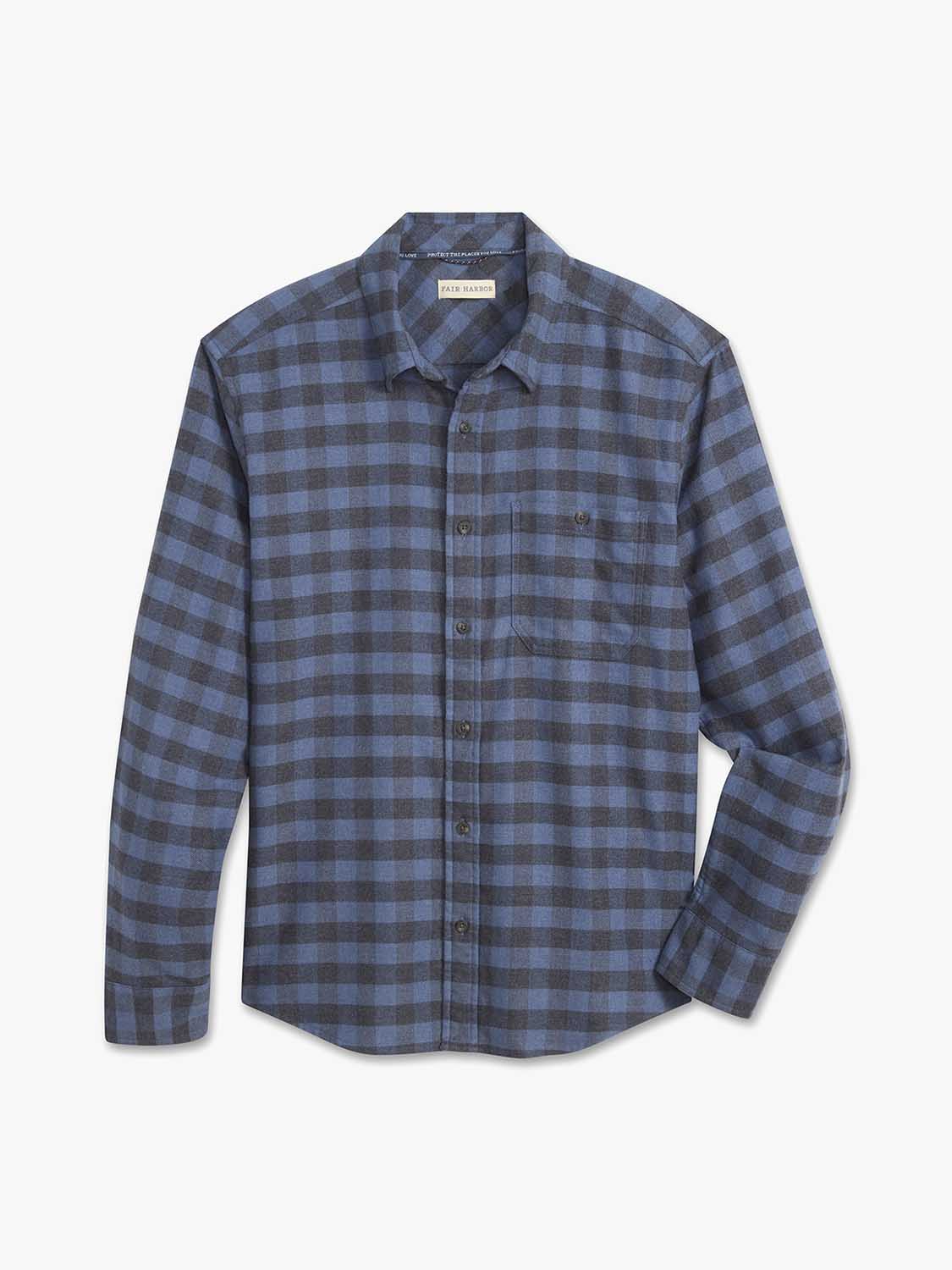 Blue and gray check flannel shirt with long sleeves, button front closure, and chest pocket.