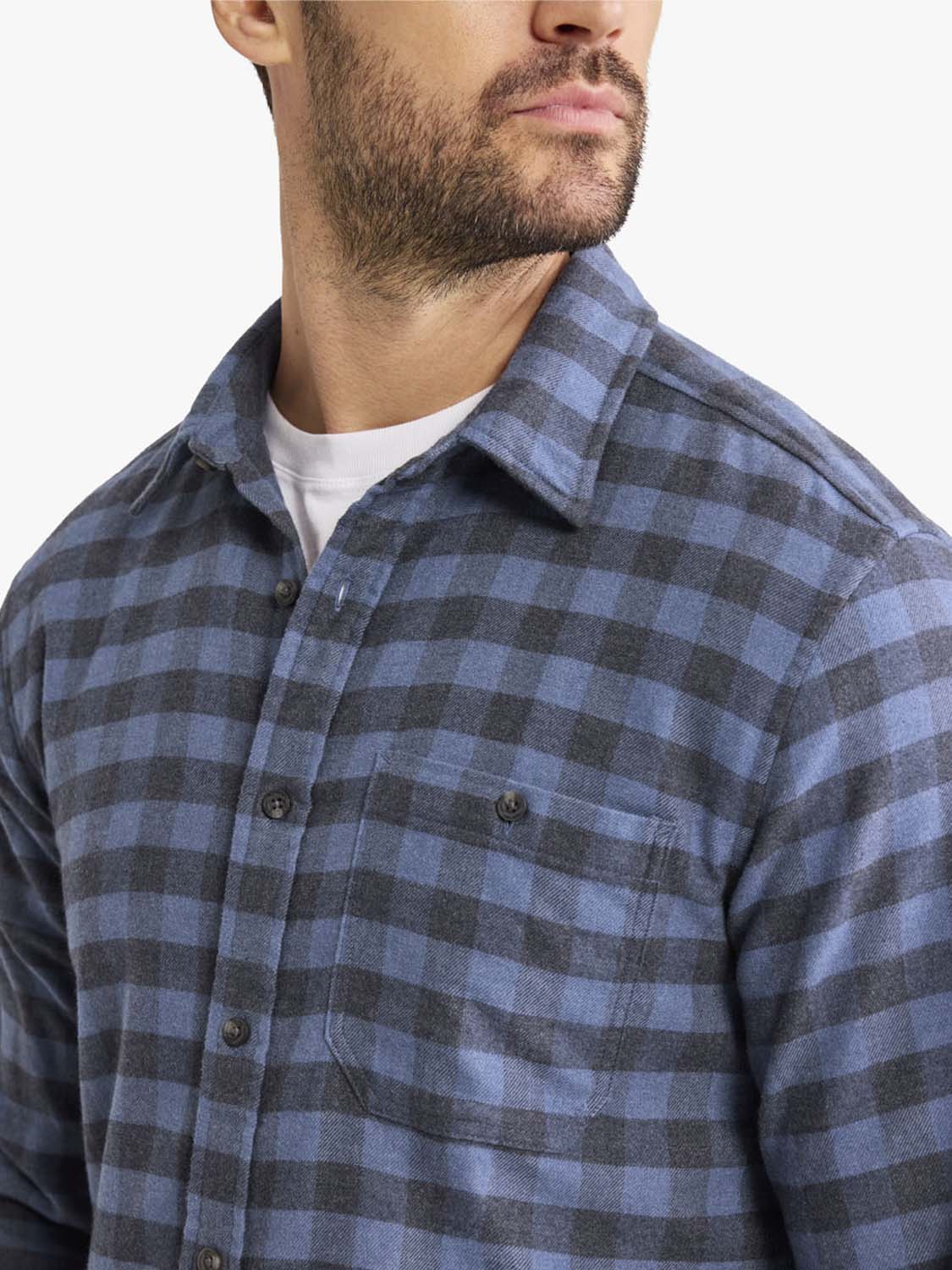 Man wearing a blue and charcoal check flannel shirt with button front and chest pocket.