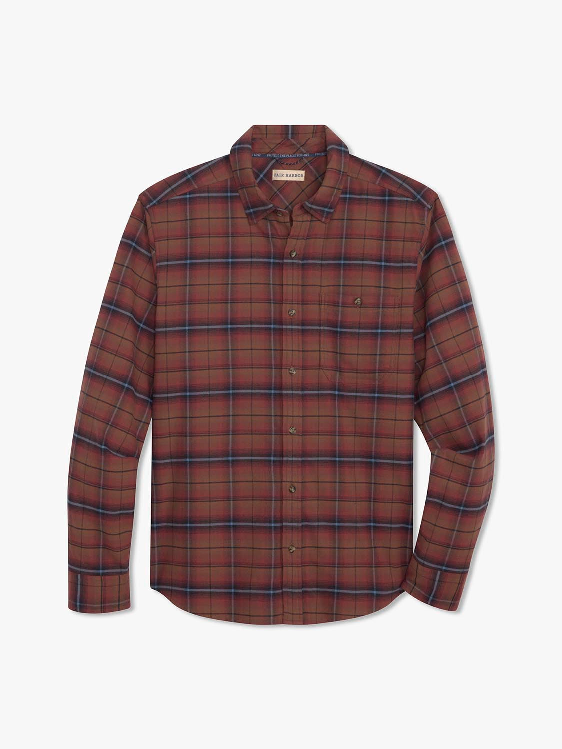 Burgundy plaid flannel shirt with long sleeves and button front closure displayed on flat background.