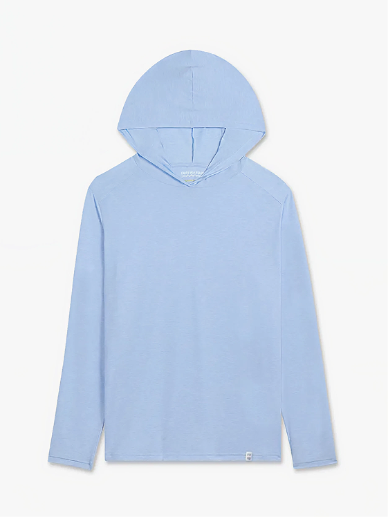 Light blue hoodie with long sleeves and a drawstring hood displayed on a white background.
