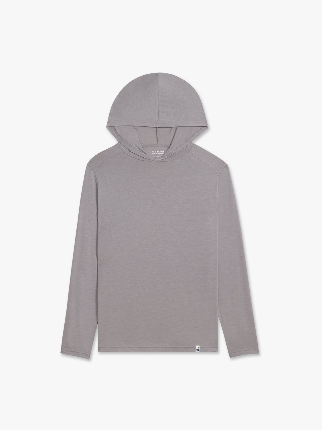 Gray hoodie with long sleeves and a drawstring hood displayed flat against a white background.