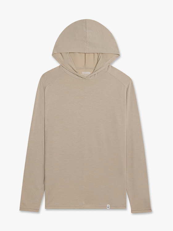Sand-colored hoodie with long sleeves and a drawstring hood displayed on a flat background.