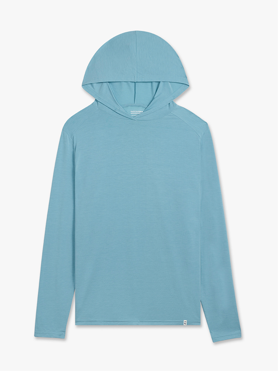 Bay blue pullover hoodie with long sleeves and drawstring hood displayed on neutral background.