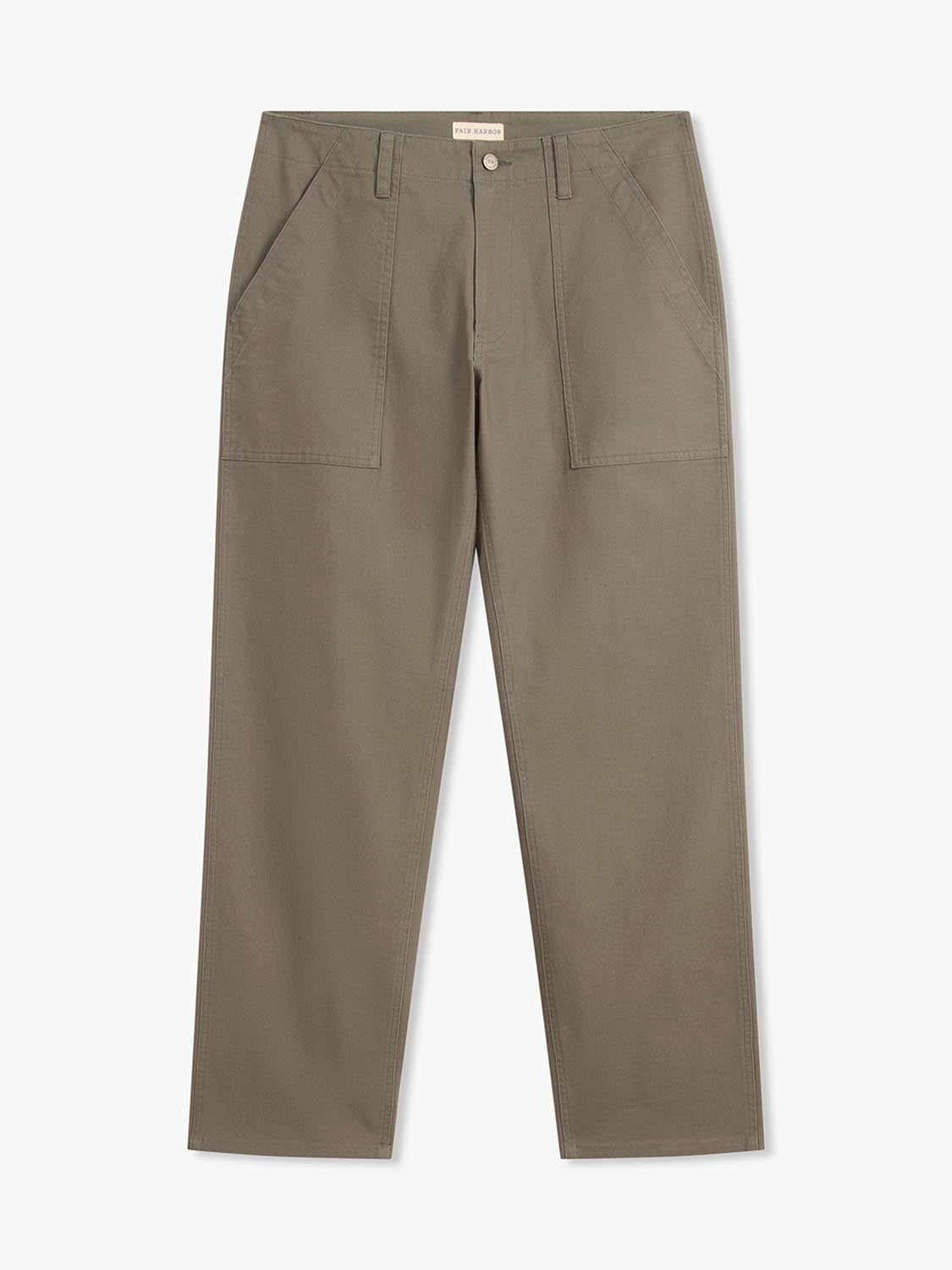Olive-colored cotton pants with large front cargo pockets and a straight leg silhouette.