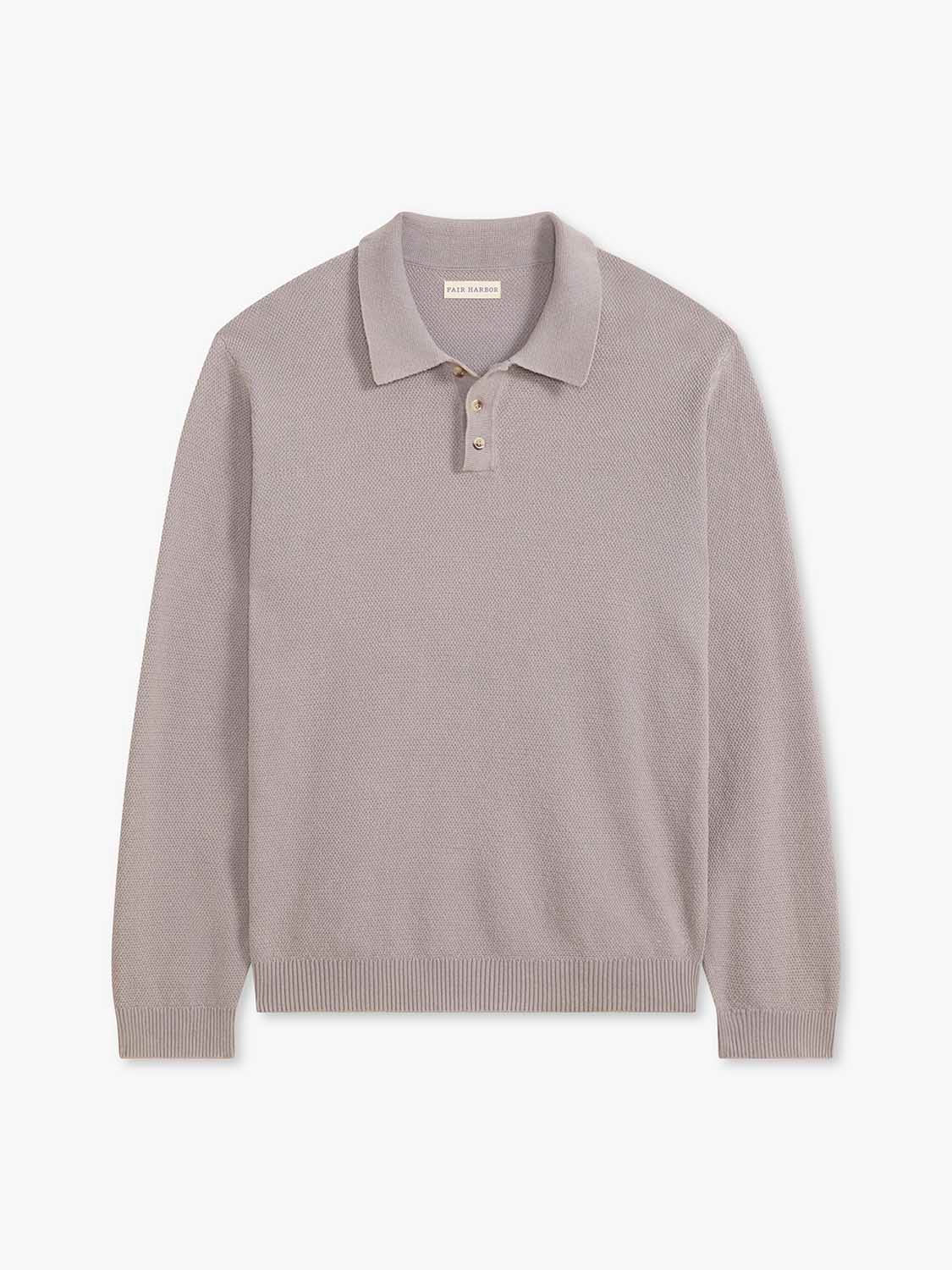 Seastone long sleeve polo sweater with ribbed cuffs, hem, and collar placket displayed against neutral background.