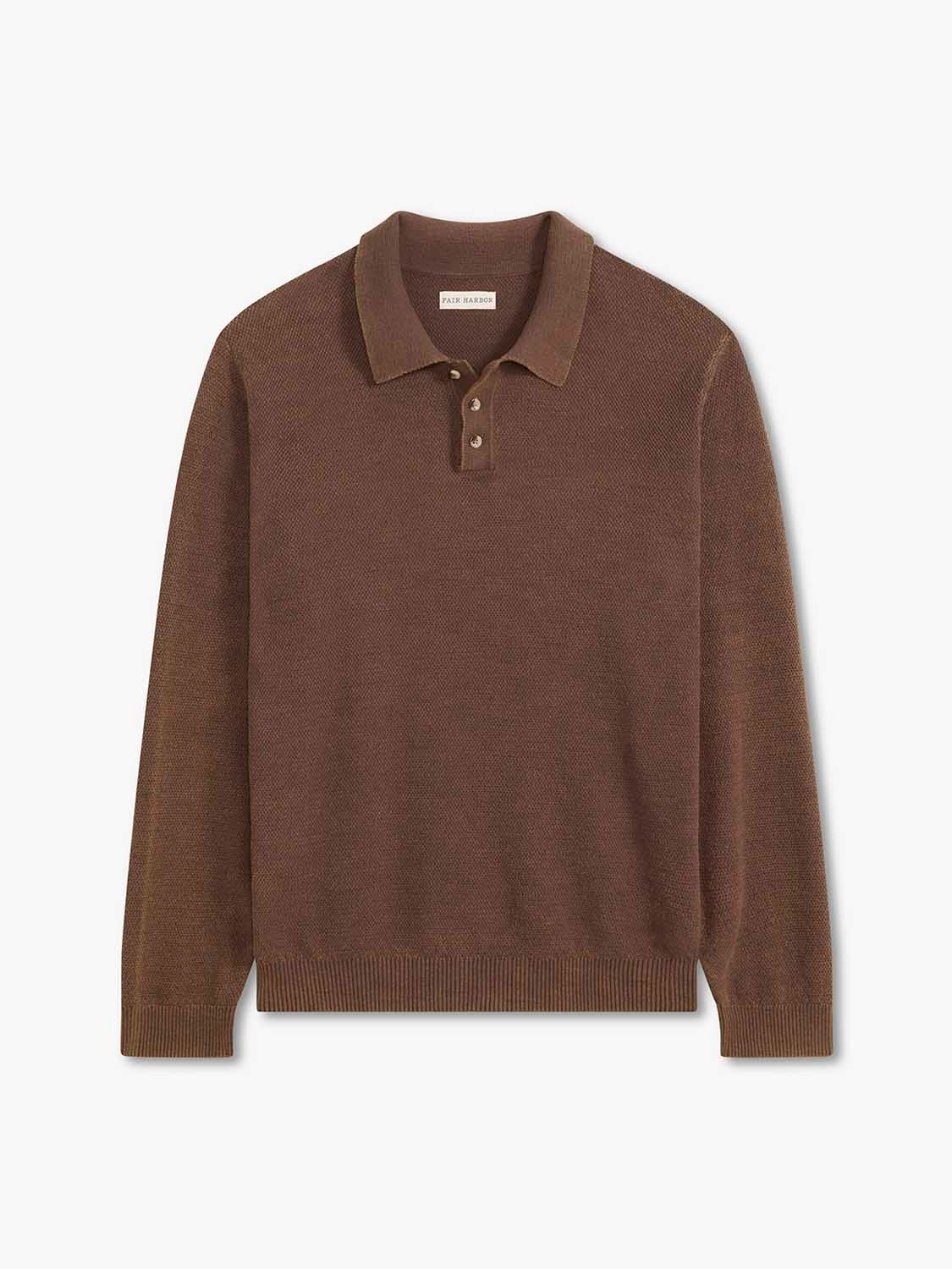Brown long sleeve polo shirt with a collared neckline and button placket displayed flat on white background.