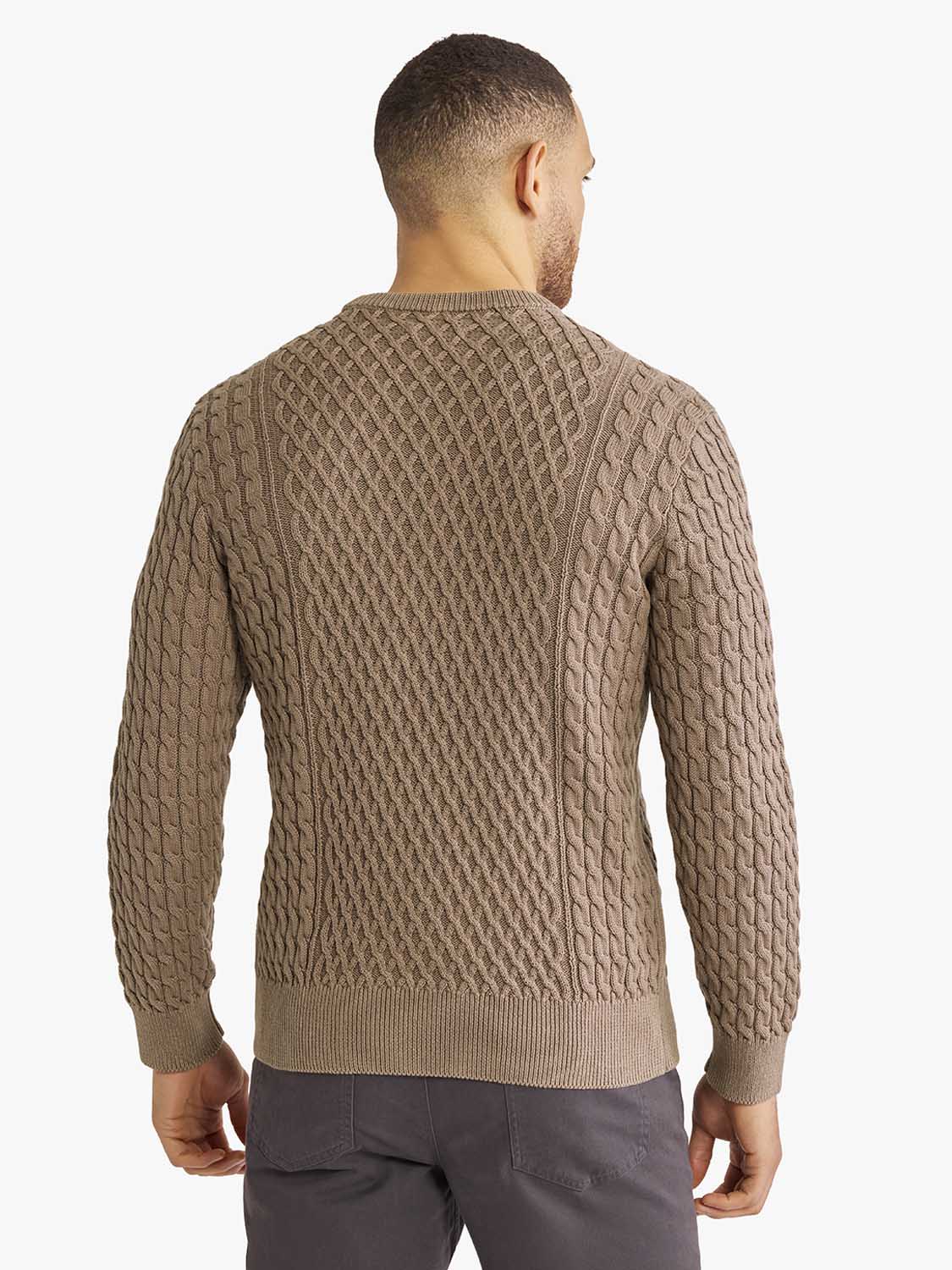 Man wearing tan cable knit sweater with ribbed sleeves and crew neckline, shown from back view.