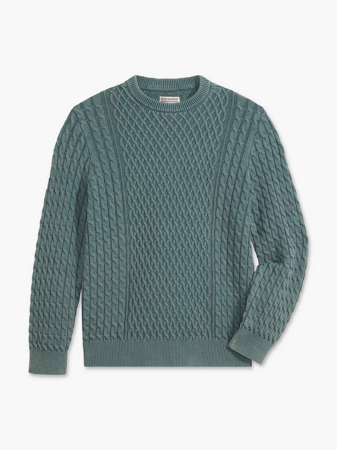 Seapine green cable knit sweater with crew neckline and ribbed cuffs displayed against white background.