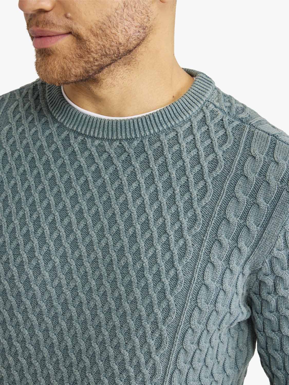 Man wearing a seapine green cable knit sweater with ribbed crew neckline and cuffs.