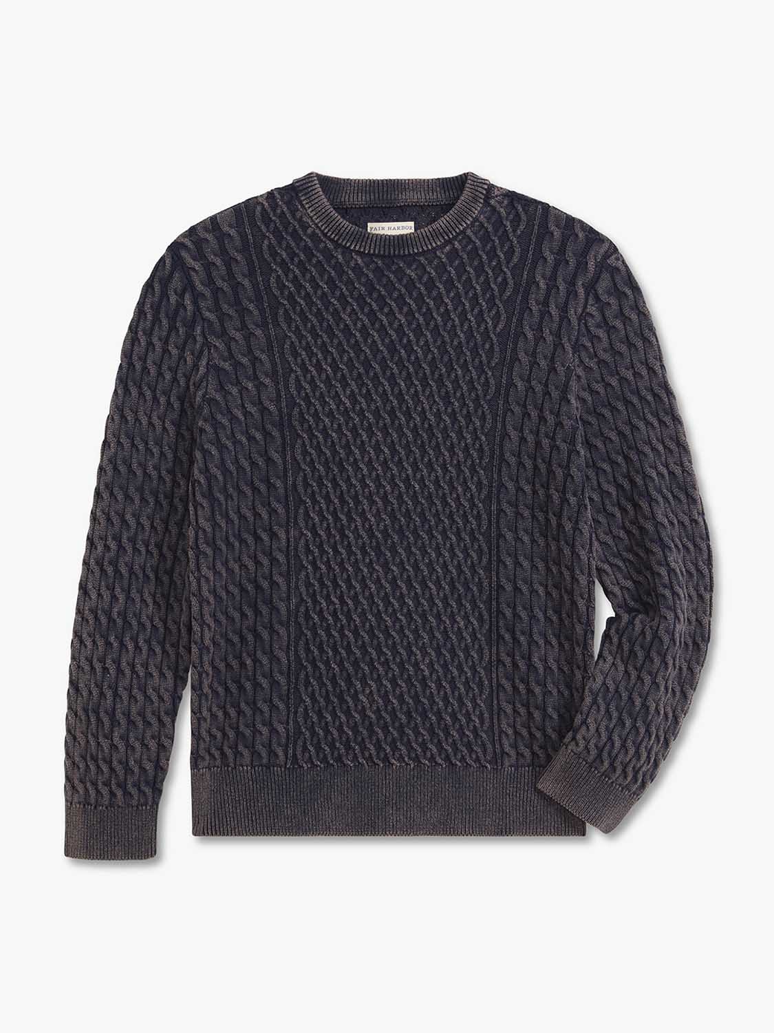 Navy cable knit sweater with crew neckline and textured diamond pattern throughout.