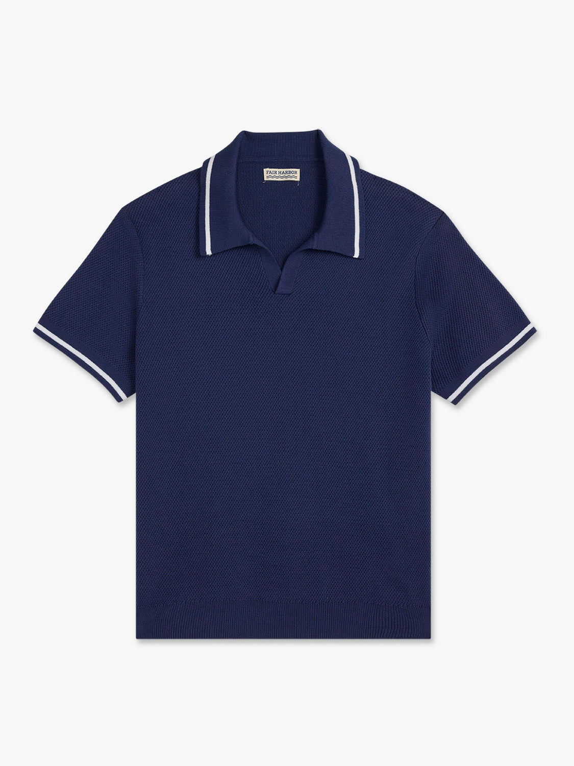 Navy sweater polo with short sleeves and white tipping on collar and cuffs.