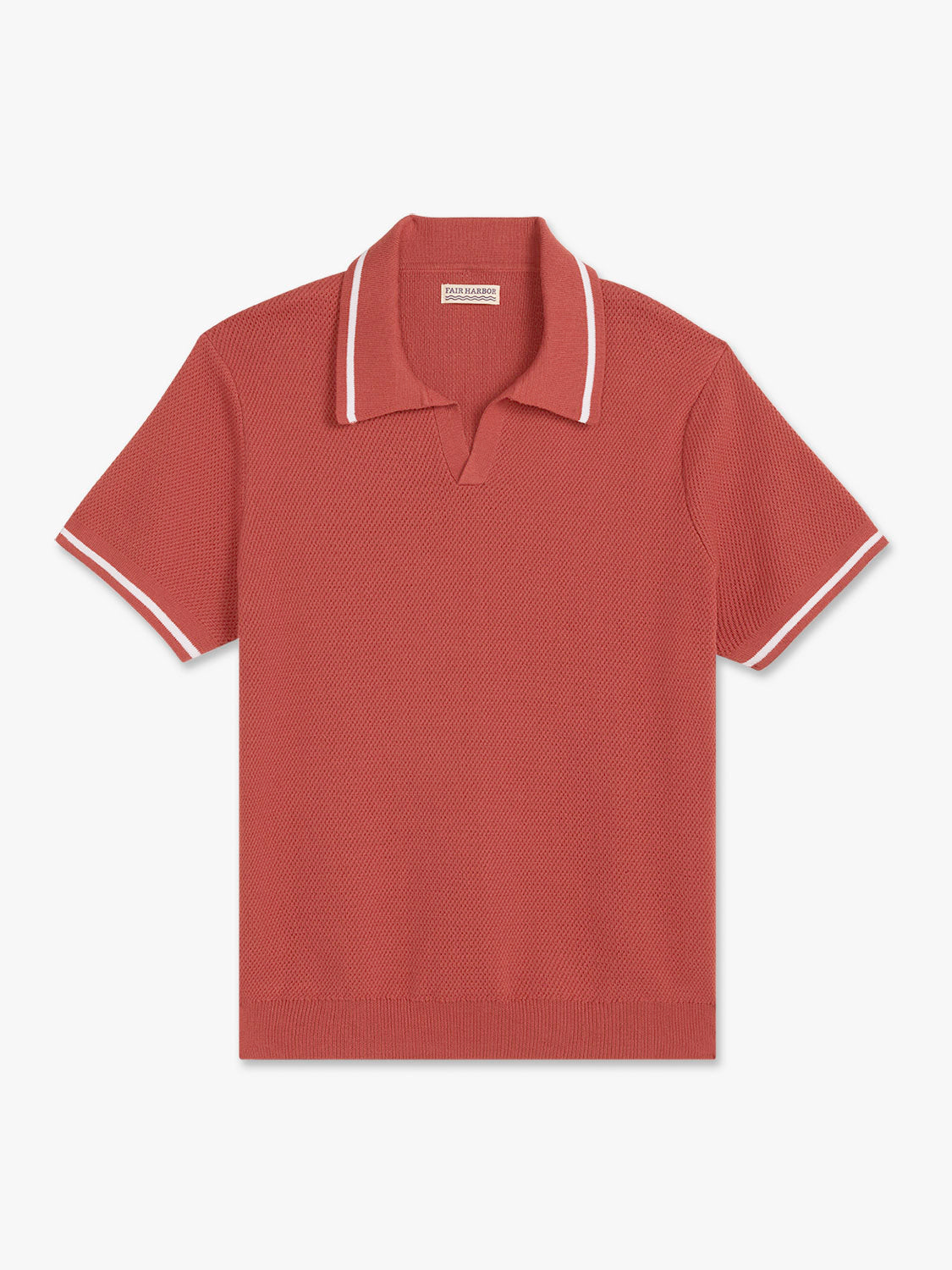 Washed red short-sleeve sweater polo shirt with white tipped collar and sleeves.