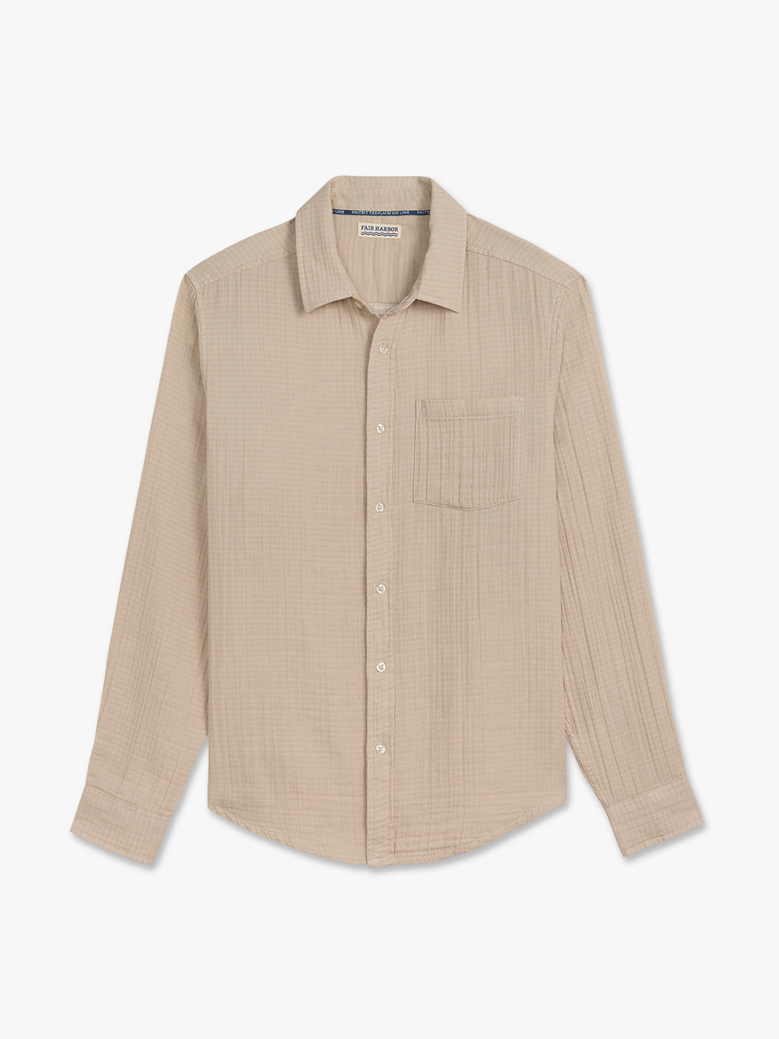 Beige long-sleeve button-up shirt with a chest pocket and subtle vertical texture pattern displayed flat.