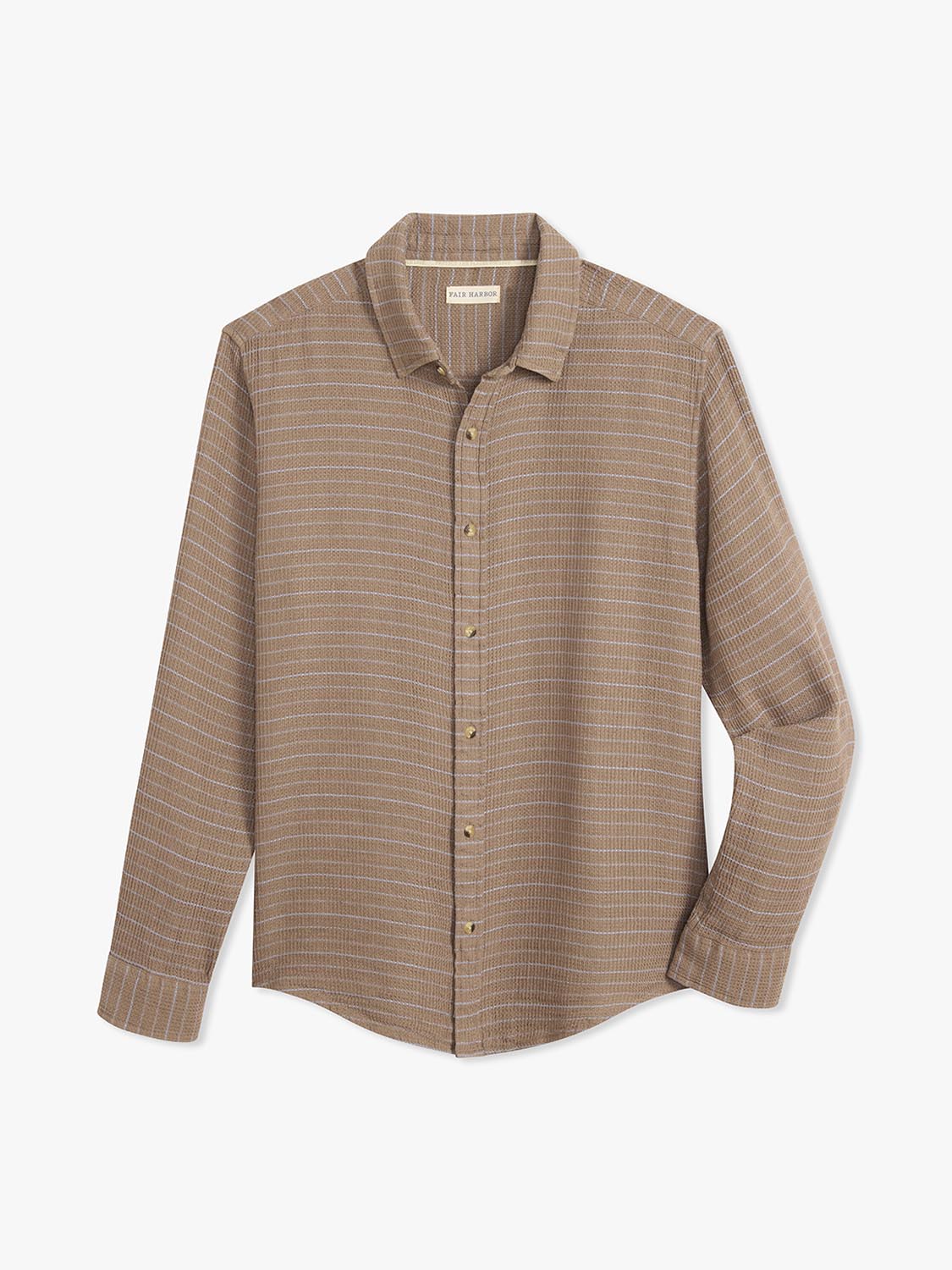 Tan and white striped long sleeve button up shirt with a collared neckline displayed flat.