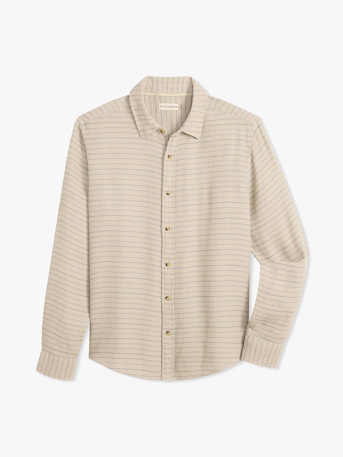 Beige long sleeve button up shirt with waffle stripe texture and gold buttons displayed flat against white background.