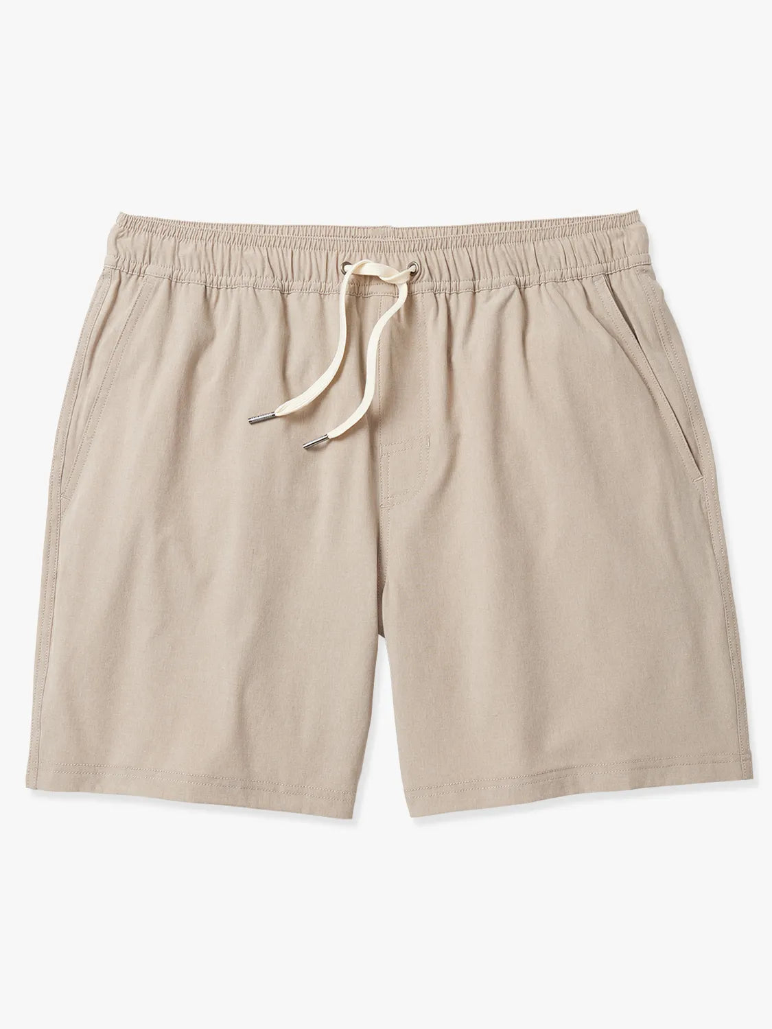 Khaki one shorts in 8 inch inseam with a drawstring on a white background