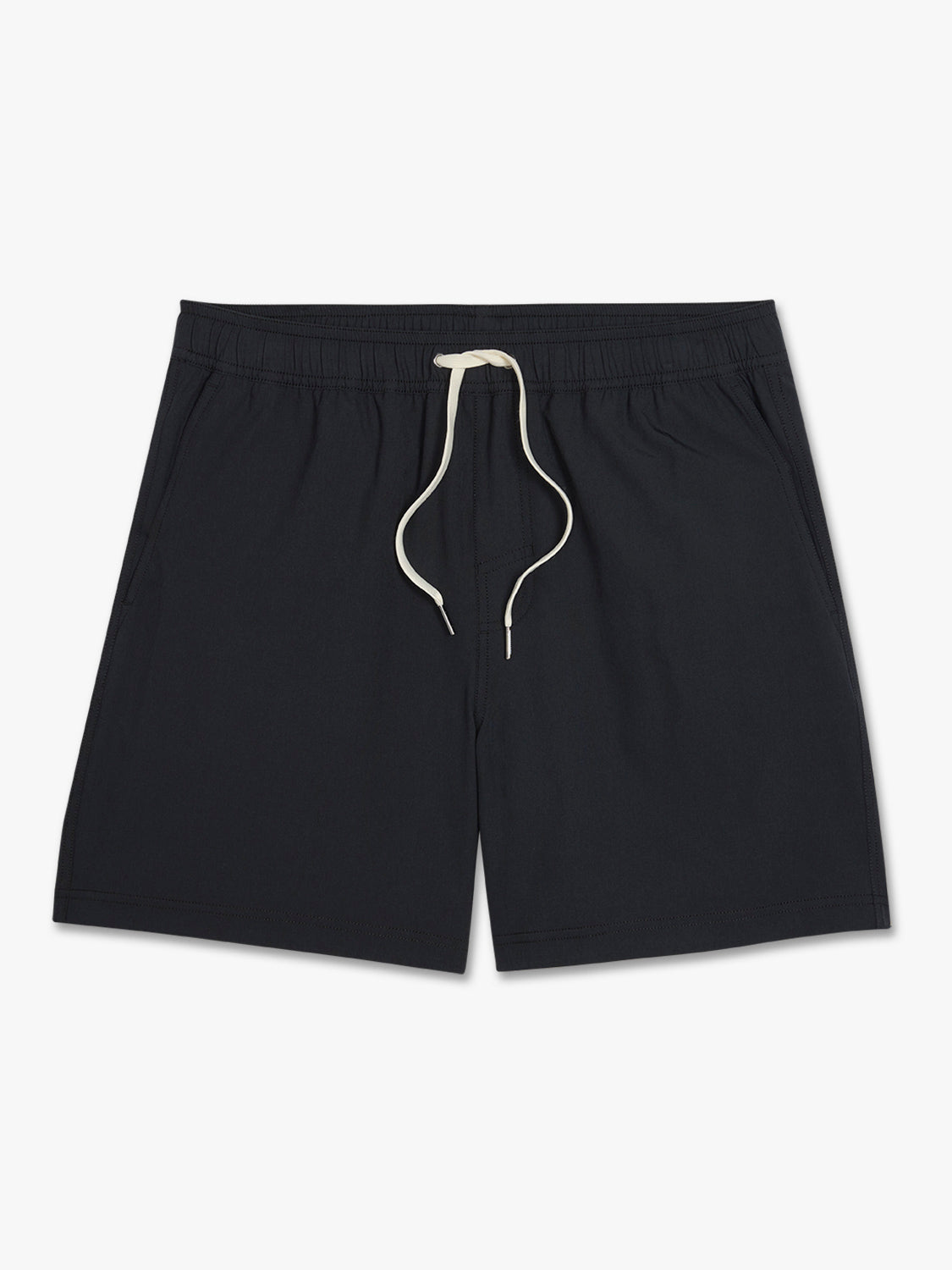 Black shorts with an elastic waistband and cream-colored drawstring closure against a light background.