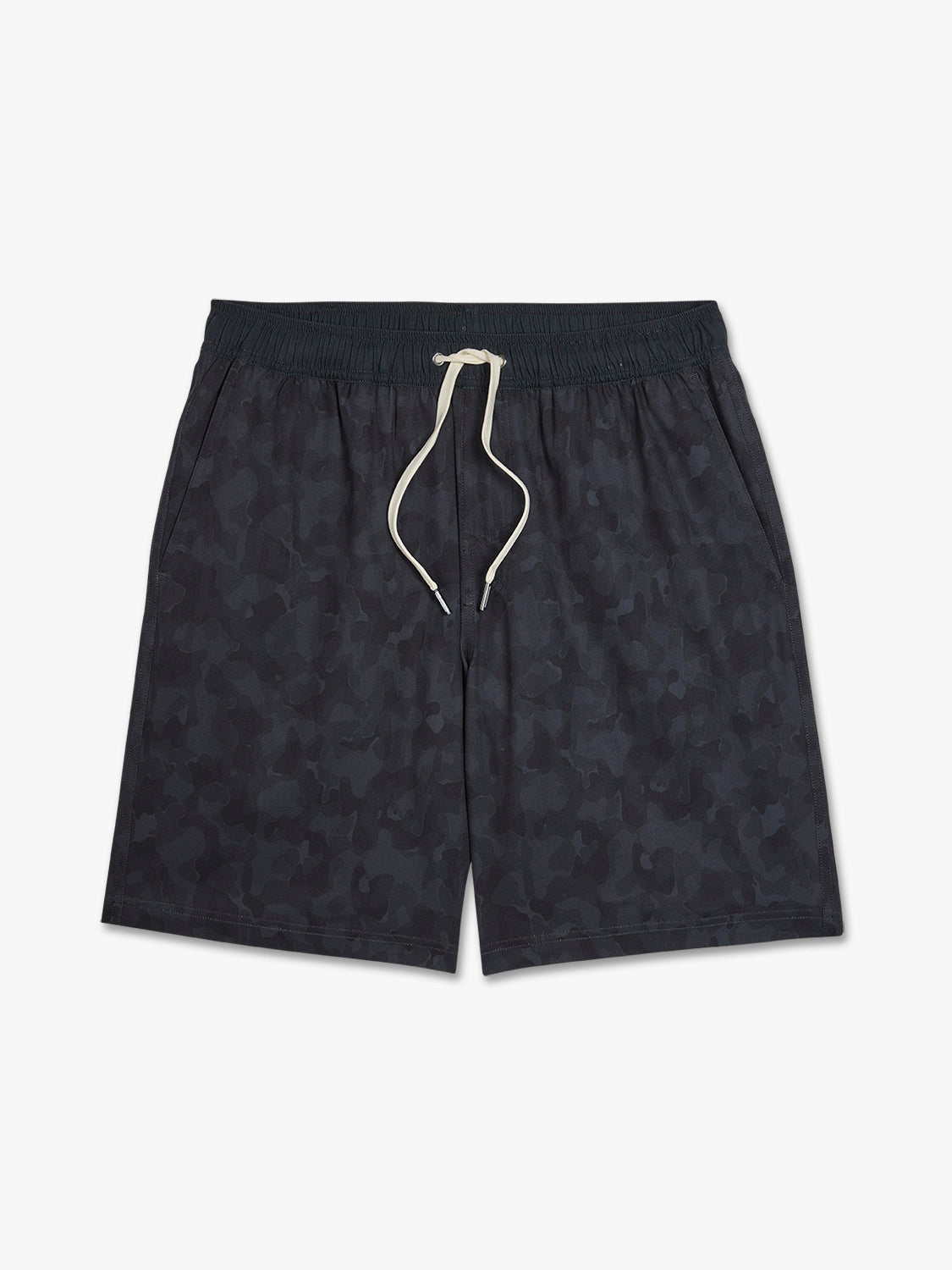 Black camouflage shorts with elastic waistband and white drawstring closure.